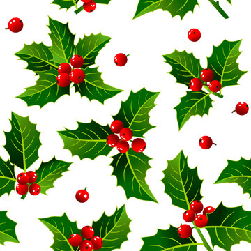 Christmas holly with red berries on a white background. Vector seamless pattern for fabric and holiday paper.