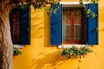 Fototapeta na wymiar Windows with blue shutters of yellow colored dwelling with planters