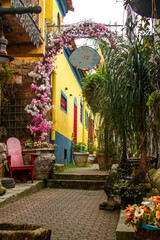 Embu City of Arts in Sao Paulo in Brazil, the slope of the laundresses with its colors, flowers and old architecture near the arts and crafts fair