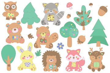 Naklejka premium Set of animals in the forest. Forest Animals. Patchwork illustration of animals and trees on white background. Vector. For print, web design.