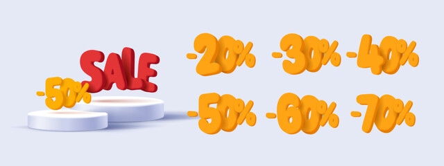 Set of sale percent 3d yellow numbers,with pedestal and sale to compose your discount