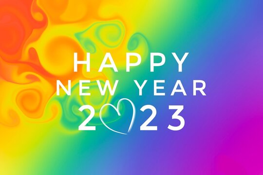 'HAPPY NEW YEAR 2023’ on blurred hand drawing rainbow colors background, concept for greeting invitation card and happy new year 2023 concept.