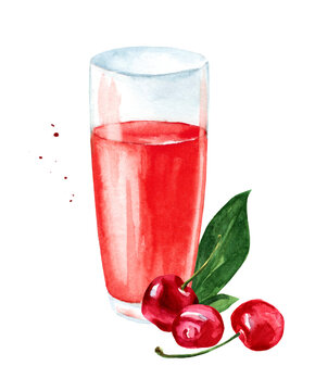 Glass of cherry juice on isolated white background, watercolor illustration, berries collection, cocktail