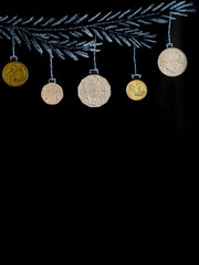 Drawing fir tree branch and australian dollars coins like new year balls hanging on black chalk...