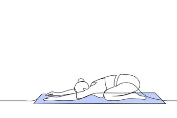 woman lying on mat in yoga pose stretching her back - one line drawing vector. concept stretching in child exercise