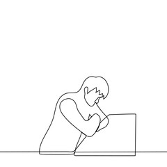 man bent over the bar counter - one line drawing vector. concept sad lonely man at the bar table lowered his head