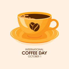 International Coffee Day on October 1 vector. Black coffee in a yellow cup with a saucer icon vector. October 1 every year. Important day