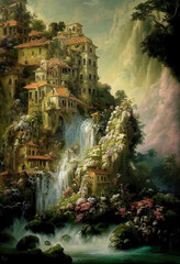 AI generated image of a medieval town on a cliffside with a large waterfall flowing through  