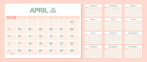 Wall Calendar 2023. April. Week Starts on Sunday. Monthly calendar template. Design Corporate planner. Landscape orientation. Office business planning. Pastel color. Vector illustration