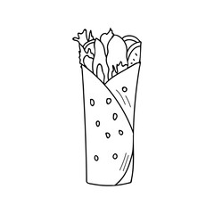 Chicken roll doodle illustration in vector. Shawarma doodle illustration. Chicken roll hand drawn illustration in vector.