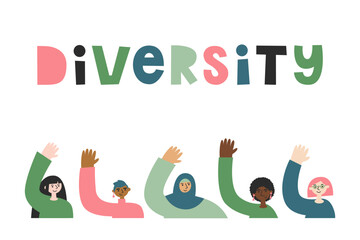 Five women of different races and religion together with hands up. Girl power, diversity, inclusion, equality and rights concept. International women's day flat vector illustration and lettering set.