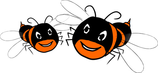 Cute friendly Black Orange bee. Cartoon happy flying bee with big kind eyes. Insect character. Vector isolated on white.