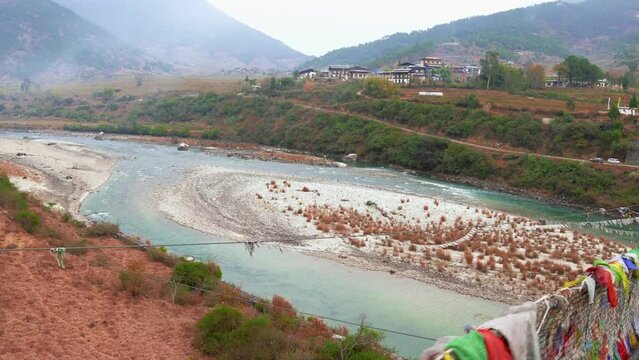Pho Chhu and Mo Chhu rivers around the Punakha Suspension Bridge in Bhutan