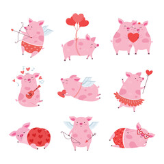 Vector set of cute, funny piglets in love, cupids, couple, musician, ballerina. Vector flat characters for Valentine's Day.