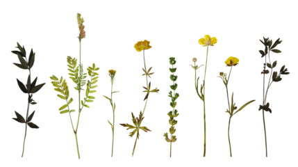 Dry pressed wild flowers and plants isolated on transparent background. Botanical collection	
