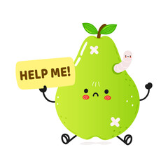 Cute sad sick pear asks for help character. Vector hand drawn cartoon kawaii character illustration icon. Isolated on white background. Suffering unhealthy yellow pear character concept