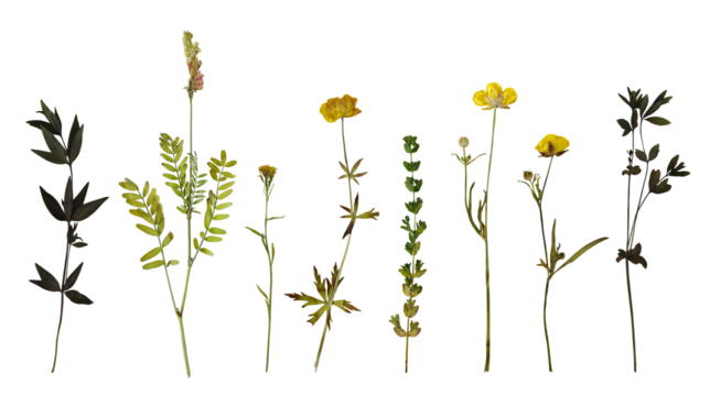 Dry pressed wild flowers and plants isolated on transparent background. Botanical collection - Powered by Adobe