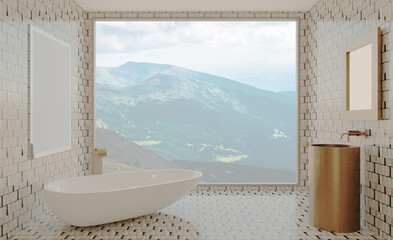 Scandinavian bathroom, classic  vintage interior design. 3D rendering., Mockup.   Empty paintings
