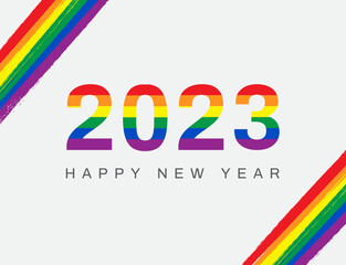Happy New Year 2023. LGBTQ Pride banner. LGBTQ rainbow flag. Vector illustration