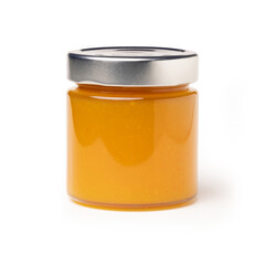 Orange marmalade jars or Apricot Jam jar - Round Glass Jar, Macro Close Up on Foam - Isolated on White Background, Free packaging