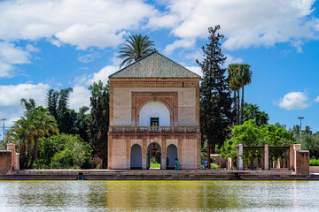 Arab building of the Menara Gardens that are located west of Marrakech (Morocco), at the gates of...