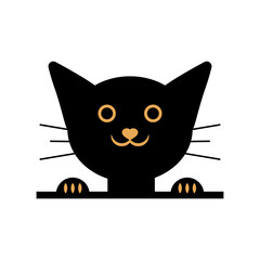 Black little cat kitten with big ears. Vector logo.