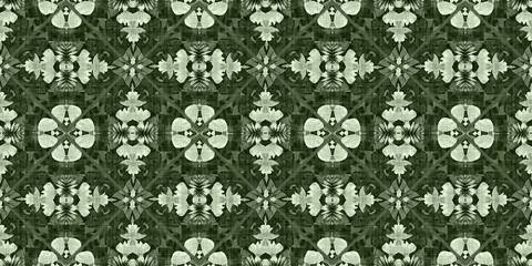 Wildflower green rustic damask seamless border. Geometric antique floral for vintage decorative edging. Vintage fashion repeat ribbon.