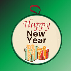 Happy New Year  on a Christmas ball with presents boxes on the green background