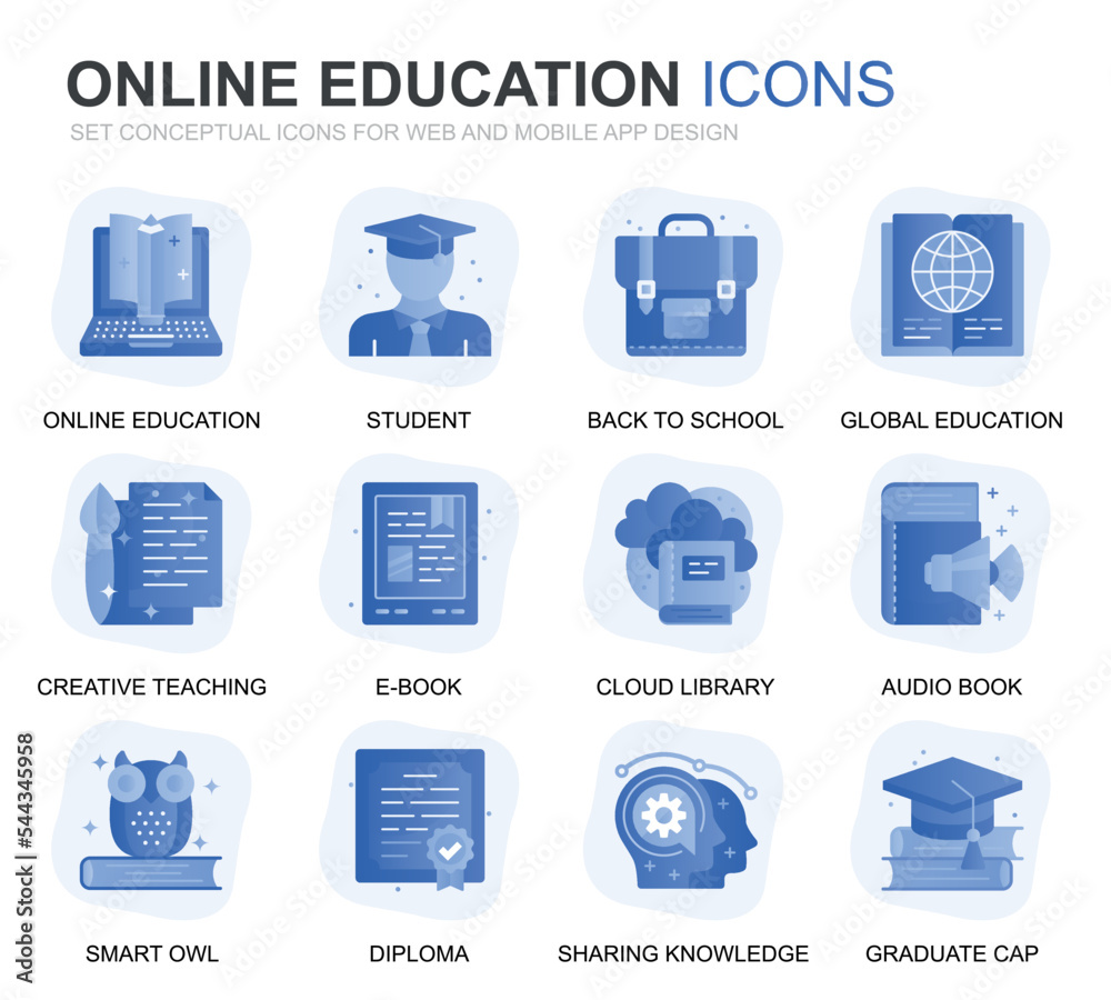 Poster Modern Set Education and Knowledge Gradient Flat Icons for Website and Mobile Apps. Contains such Icons as Studying, School, Graduation, E-Book. Conceptual color flat icon. Vector pictogram pack.