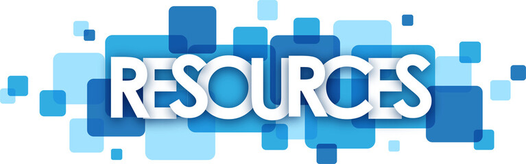 RESOURCES typography banner with blue squares on transparent background - obrazy, fototapety, plakaty