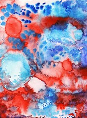 Obraz na płótnie Canvas Watercolor background with red and blue spots. Abstract hand-drawn work. Paint spots with streaks and granulation.