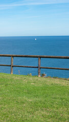 Fototapeta na wymiar Barco blanco distante en horizonte marino y valla de madera en ladera verde