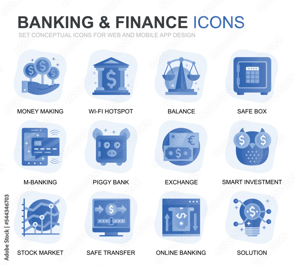 Leinwandbilder Modern Set Banking and Finance Gradient Flat Icons for Website and Mobile Apps. Contains such Icons as Balance, E-Banking, Auction, Financial Growth. Conceptual color flat icon. Vector pictogram pack.