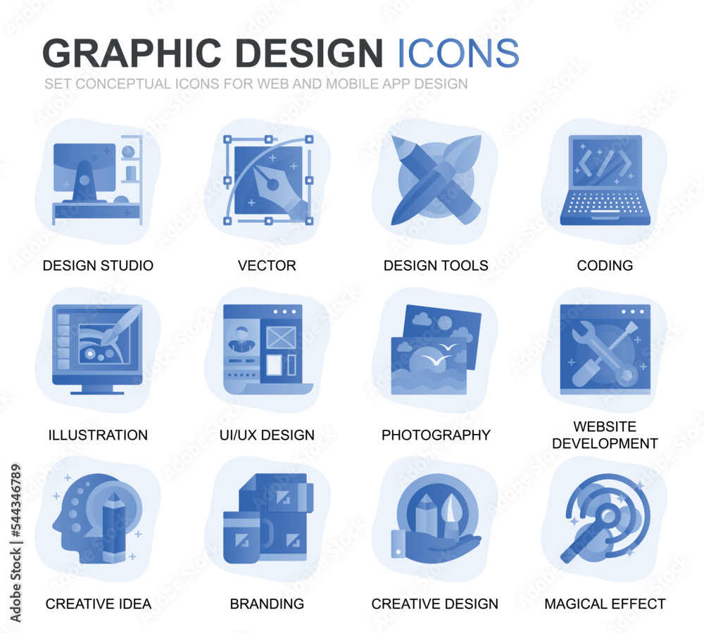 Poster modern set web and graphic design gradient flat icons for website and mobile apps. contains such ico