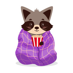 Cute raccoon wrapped himself in a blanket with popcorn. Vector graphic.