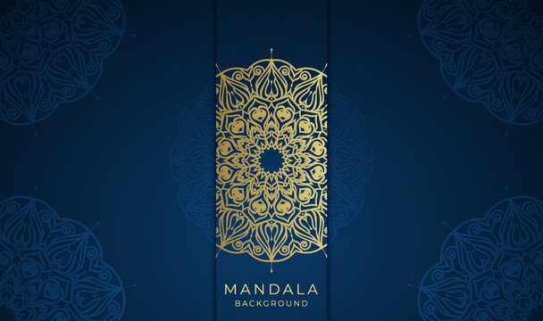 horizontal vertical illustrated decorative oriental creative art style colorful gradient blue color with golden colors arabic Islamic mandala wallpaper background design vector template