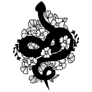 Snake with flowers svg, Gothic illustration, Viper silhouette