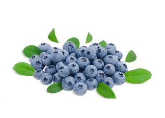A slide of blueberries with green leaves isolated on a white background.