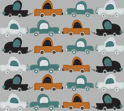 Abstract Hand Drawing Cute Cars Seamless Vector Children Pattern Isolated Background