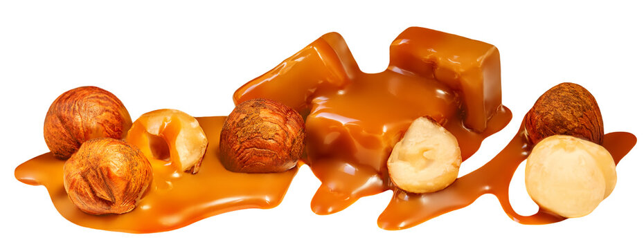 Caramel with nuts and sauce flowing on caramel candy isolated on white background. Top view. .