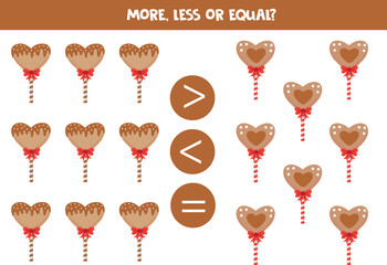 More, less or equal with cartoon cute lollipops.