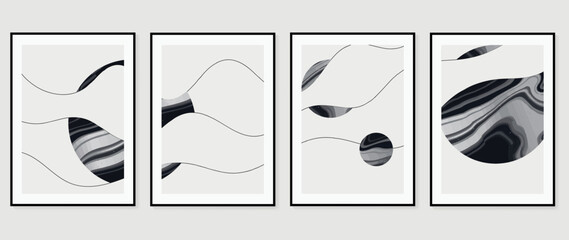 Set of contemporary abstract design wall art. Vector illustration of line art, curve, circle shape, marble texture, planet surface. Art design for wallpaper, wall decor, card, poster, cover, print.