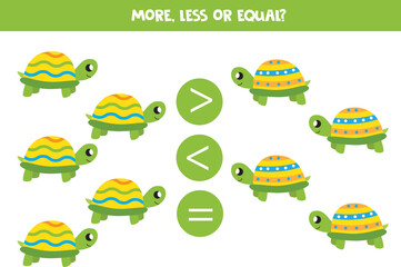 More, less or equal with cute colorful turtles.