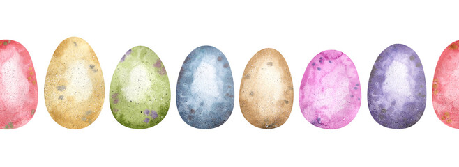 Watercolor seamless border with cute Easter eggs. Geometric colorful frame for holiday design