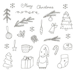 Christmas and New Year set vector illustration, hand drawing doodles