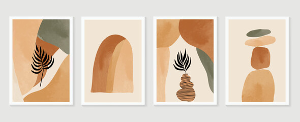 Set of contemporary abstract design wall art vector. Collection of watercolor leaf branch, rock tower, lines, organic shape. Design illustration for wallpaper, wall decor, card, poster, cover, print.