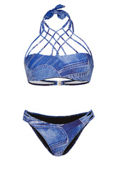 Close-up shot of a two-piece swimsuit with a print in shades of blue. The swimsuit has a halter...