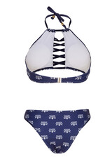 Close-up shot of a two-piece swimsuit with a print in shades of blue. The swimsuit has a halter...