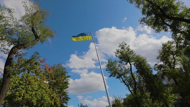 Ukraine flag in sunny weather. Large Ukrainian flan on a flagpole.