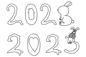 Obraz premium The number two thousand and twenty-three is drawn with a black outline, the number three is like a rabbit, it is intended for calendar, poster, printing and other cases.